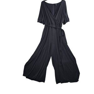 June & Vie Womens Jumpsuit Black 2X Wide Leg Wrap Tie Waist Short Sleeve Stretch